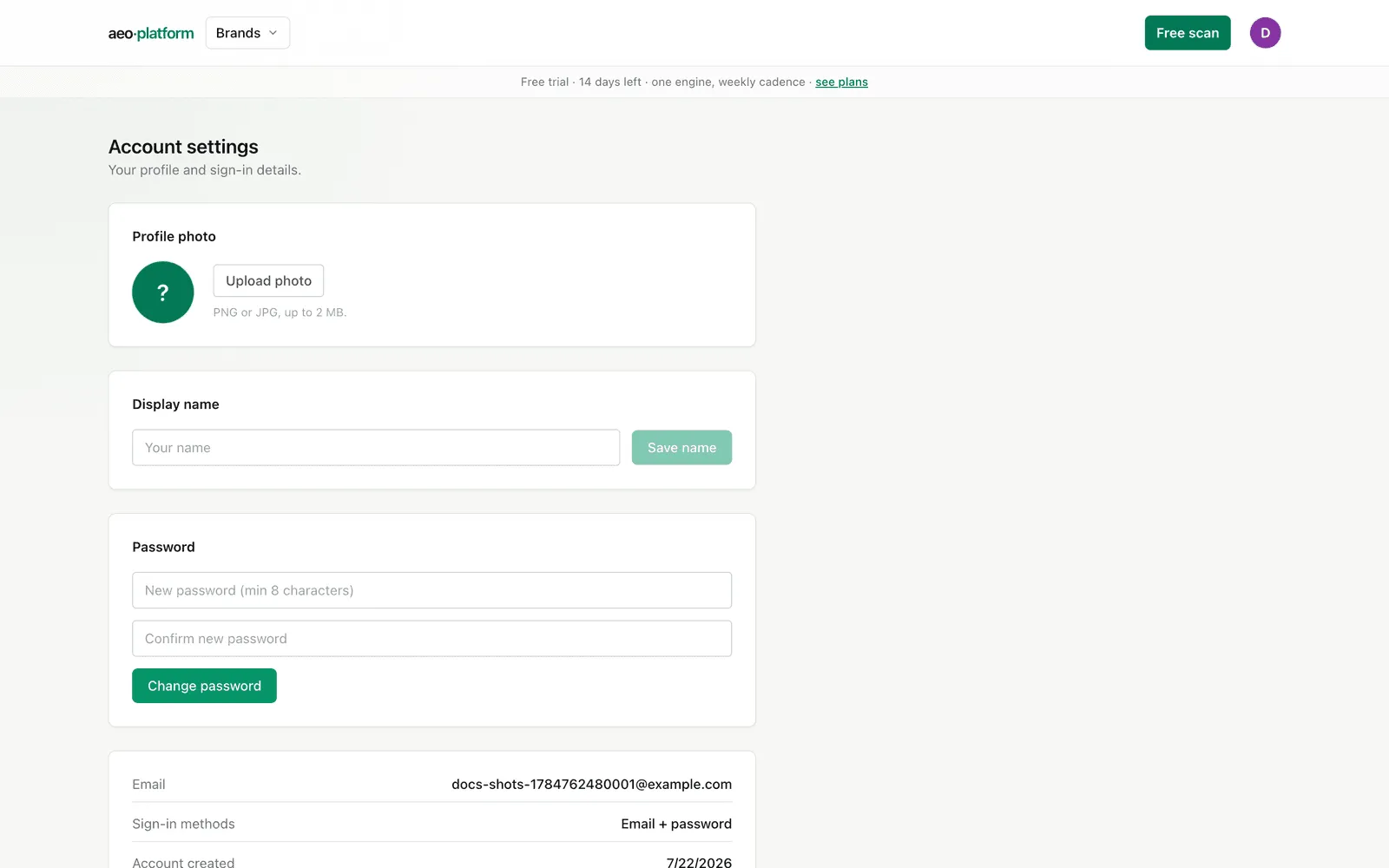 Account settings: the profile photo, display name, and password cards.