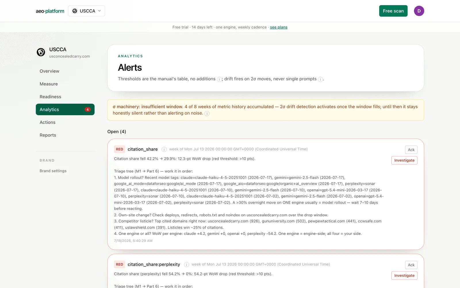 The Alerts page: the history-window banner above the open and acknowledged alert cards.