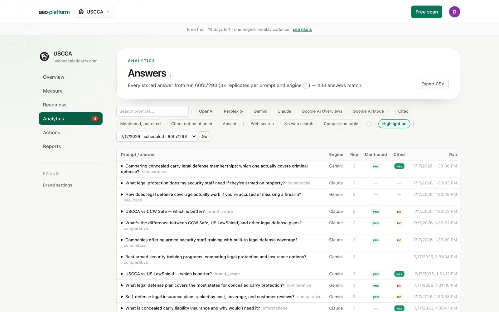 The Answers log: every stored answer with mention and citation columns.