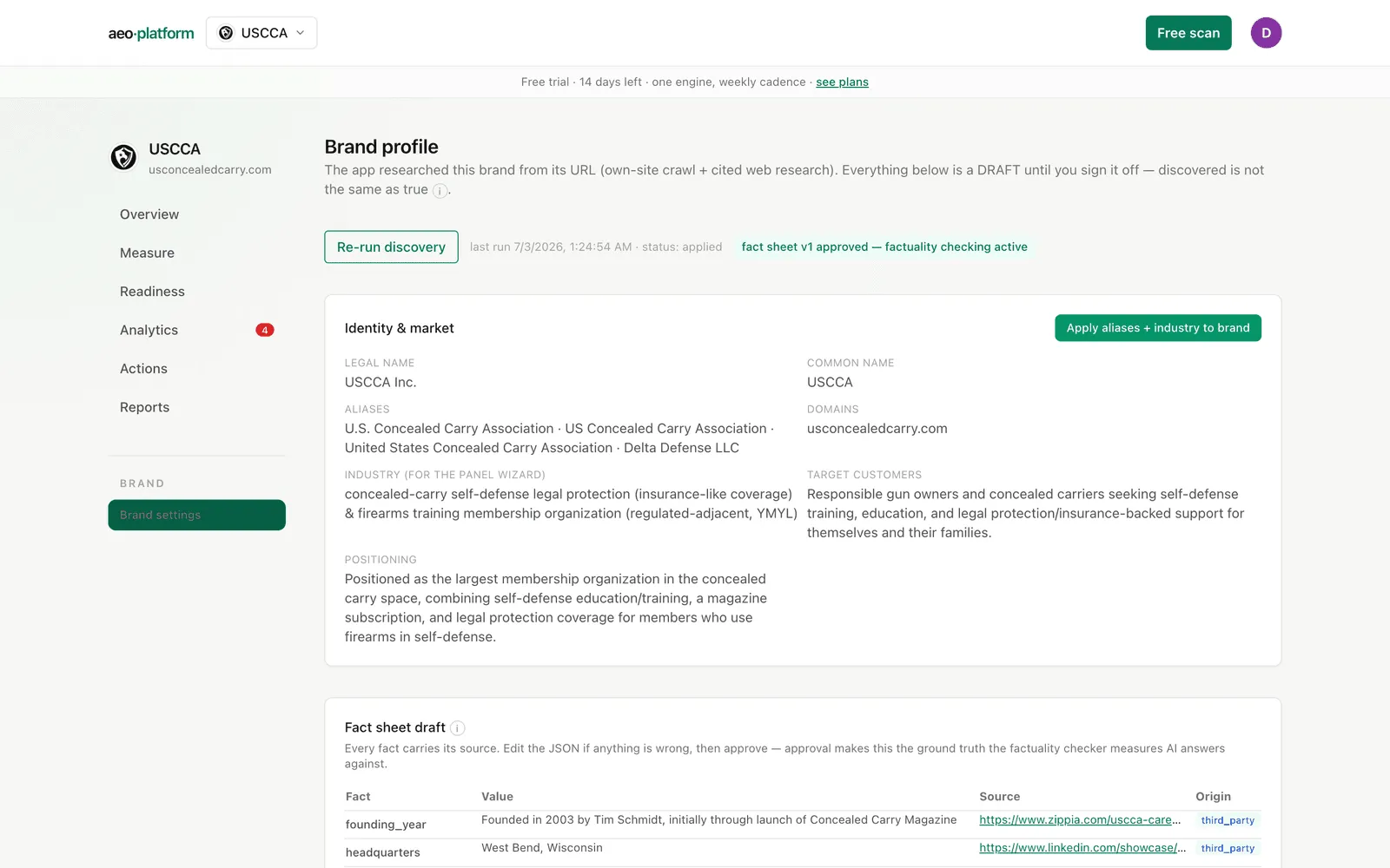 Brand profile: discovery results, the fact sheet draft with per-fact sources, and the approve button.