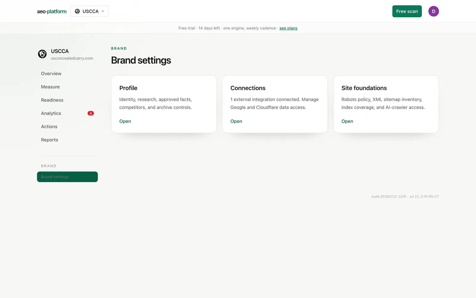 Brand settings: profile, external connections, and site foundations.