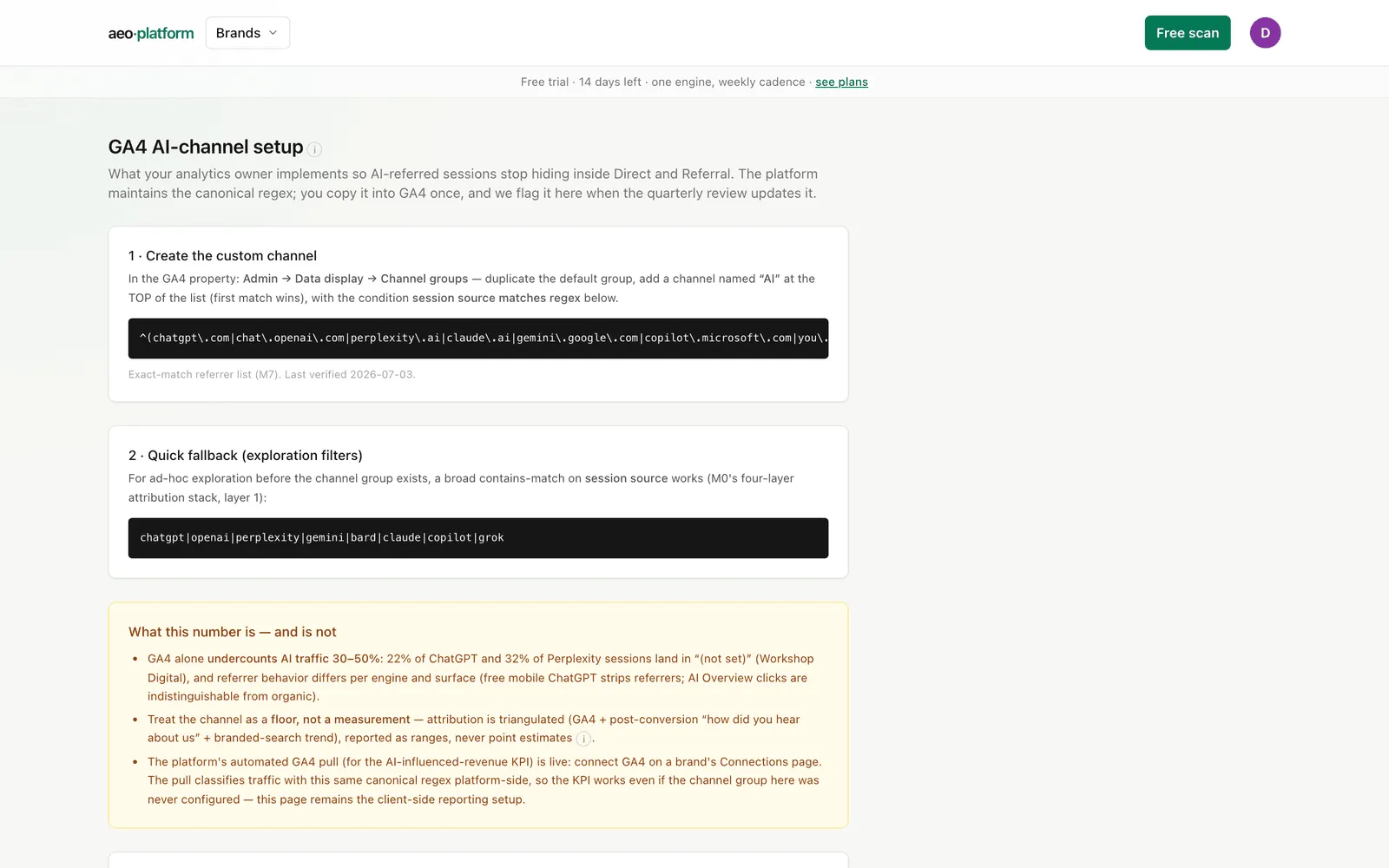 GA4 setup: the two-step channel instructions, the canonical regex, and the quarterly review card.