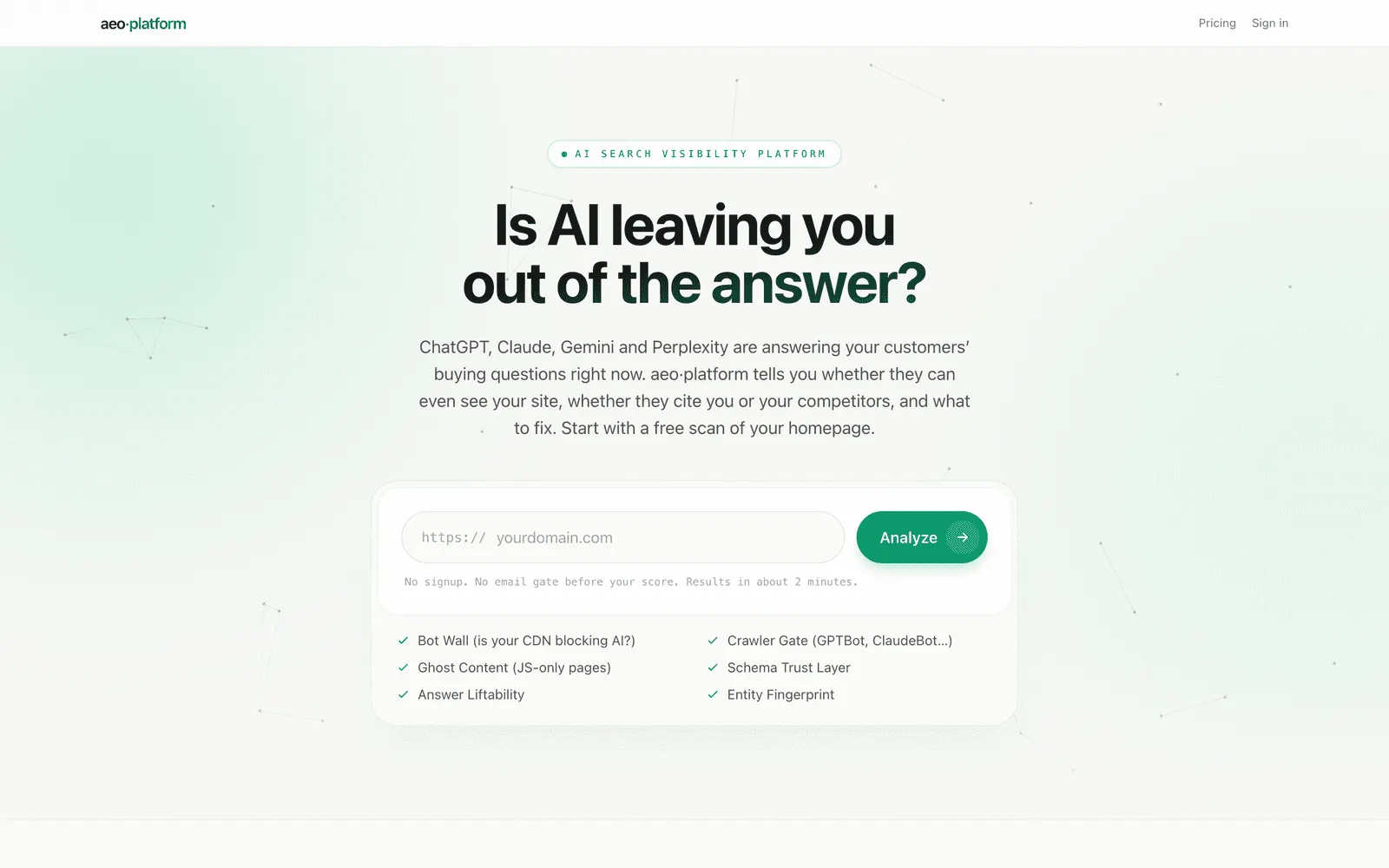 The marketing home, with its free-scan form and platform overview.