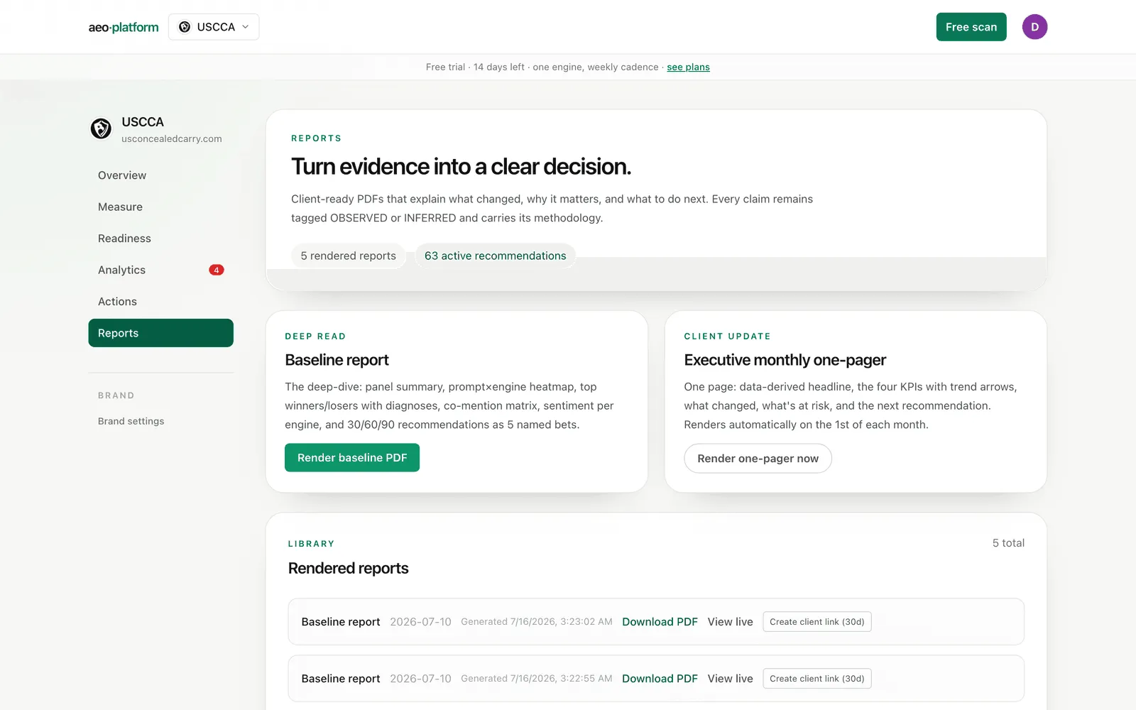The Reports page: the two report cards above the rendered list with share links.
