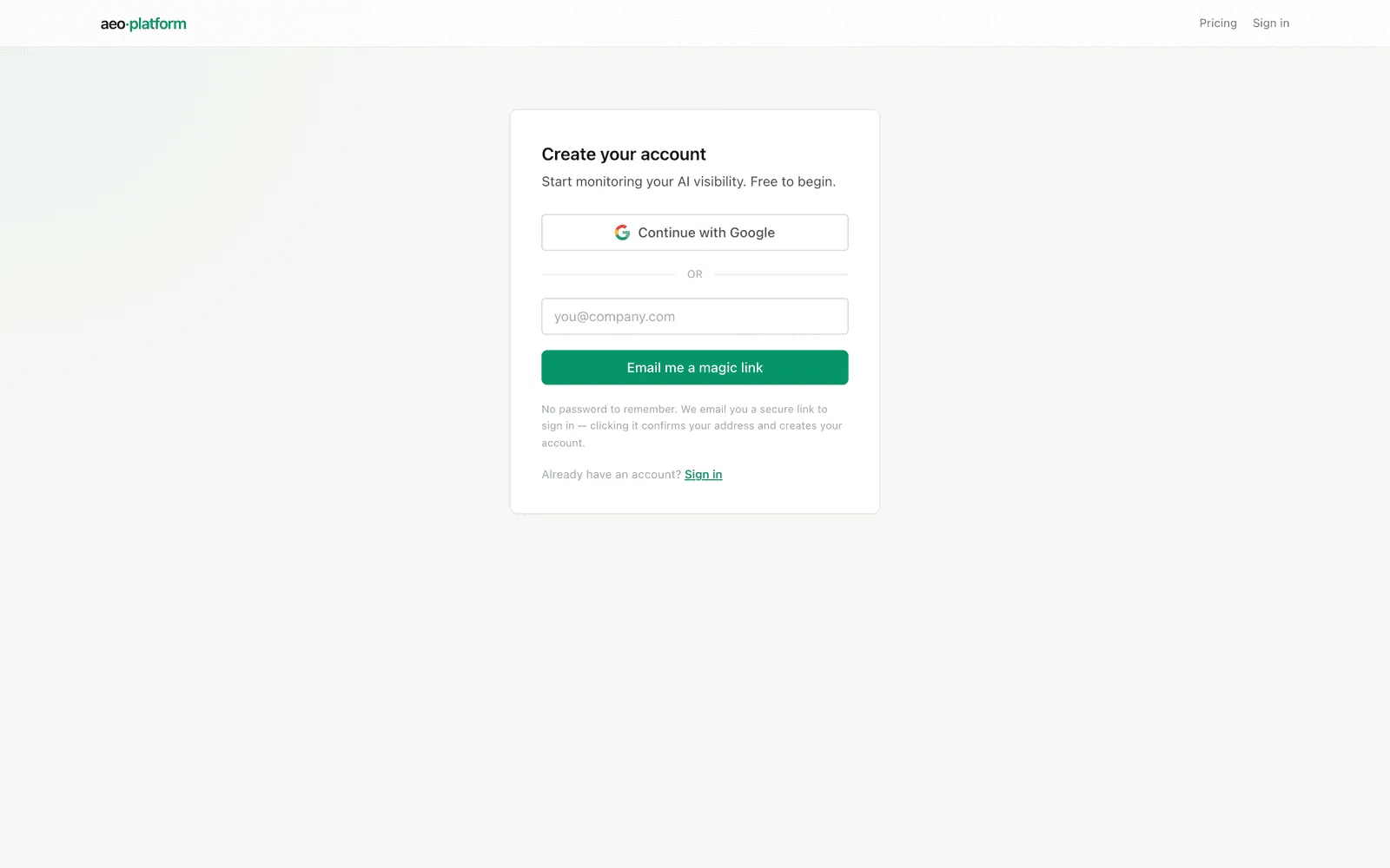 The account-creation page, with passwordless sign-up options.
