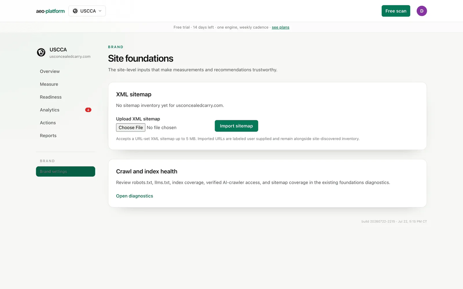 Site foundations: sitemap upload and crawl diagnostics.