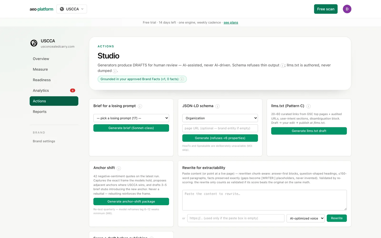 Studio: the generator cards, the editorial calendar, and the artifacts list.