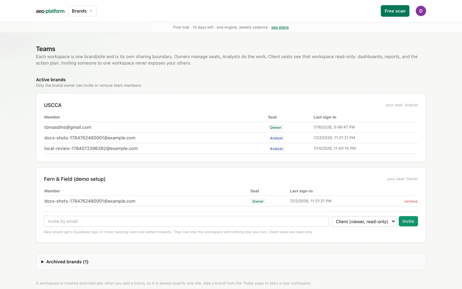 The Teams page: active brand cards with seats and owner-only invite controls.